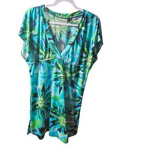 Tropical Floral V-Neck Dress In Vibrant Green & Blue Ingear Brand Medium Size Po